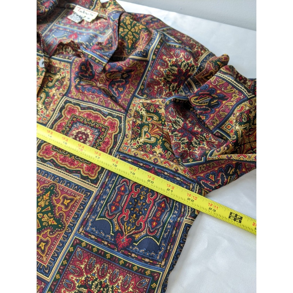 Talbots 100% Silk Brown Paisley Geometric Tile Button Down Blouse Shirt 14 - Picture 4 of 6